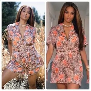 Lita by Ciara | Italian Satin Safari Animal Print Utility Shorts Romper | S